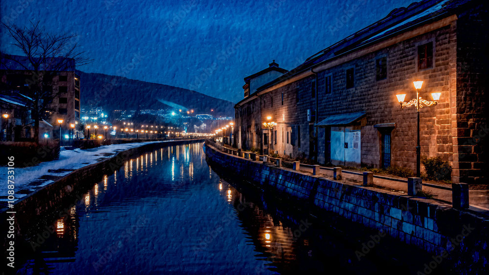 Textured Night Harbor Scene with Reflections and Street Lamps Textured Night Harbor Scene with Reflections and Street Lamps