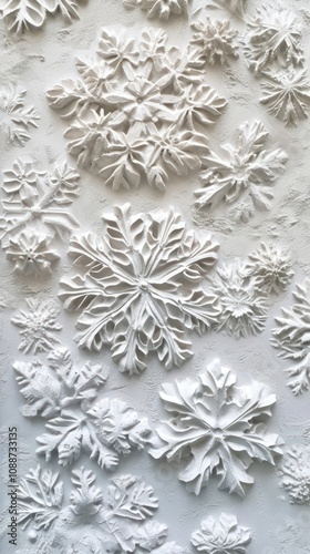 Snow flakes bas relief pattern white art backgrounds.