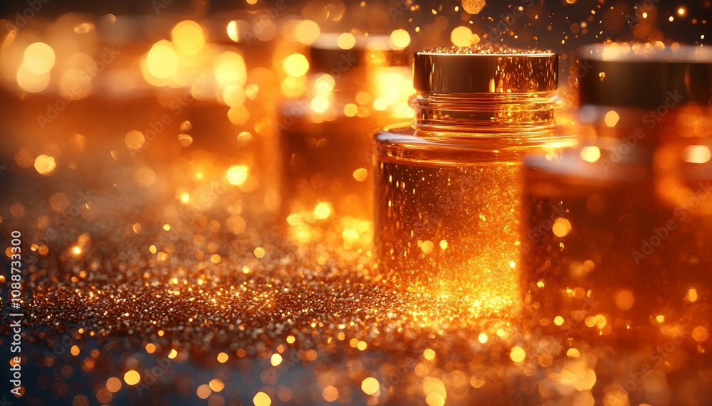 Golden Glow and Radiance, luxurious cosmetics background with a golden color palette, featuring glimmering gold dust particles floating in the air. Golden Glow and Radiance, luxurious cosmetics background with a golden color palette, featuring glimmering gold dust particles floating in the air.