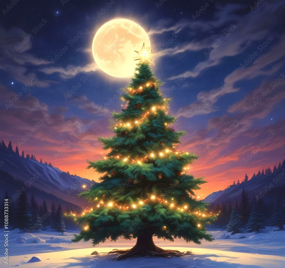 Illustration of Christmas tree with decoration.