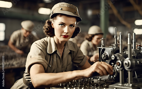 1940s female factory worker rivet-gunning metal, WWII airplane assembly line photo