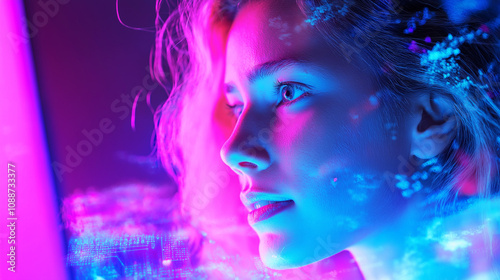 A vibrant portrait of a woman illuminated by colorful lights, reflecting a blend of technology and emotion in a futuristic setting.