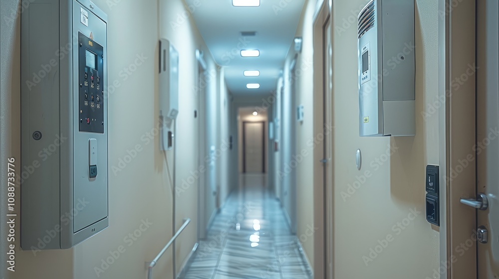 An apartment entrance corridor with a circuit breaker on the corridor wall. An apartment entrance corridor with a circuit breaker on the corridor wall.