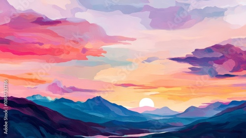 Vibrant sunset over painterly mountains.