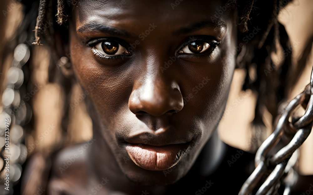 Closeup on the sweaty face of a black slave on a 18th century ship, tied with chains