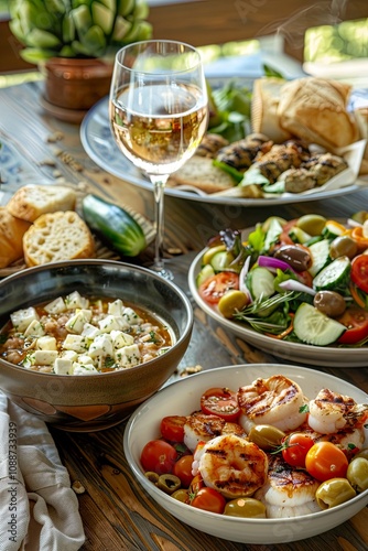 Still life of Greek cuisine highlighting a variety of dishes with wine