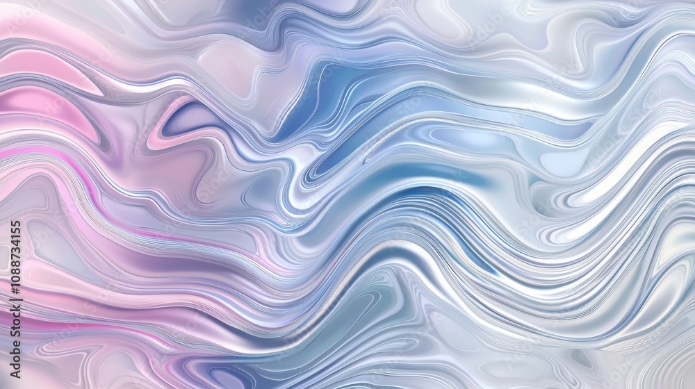An abstract wave design featuring fluid patterns in soft pink and blue tones. The artwork creates a calming effect with smooth transitions.