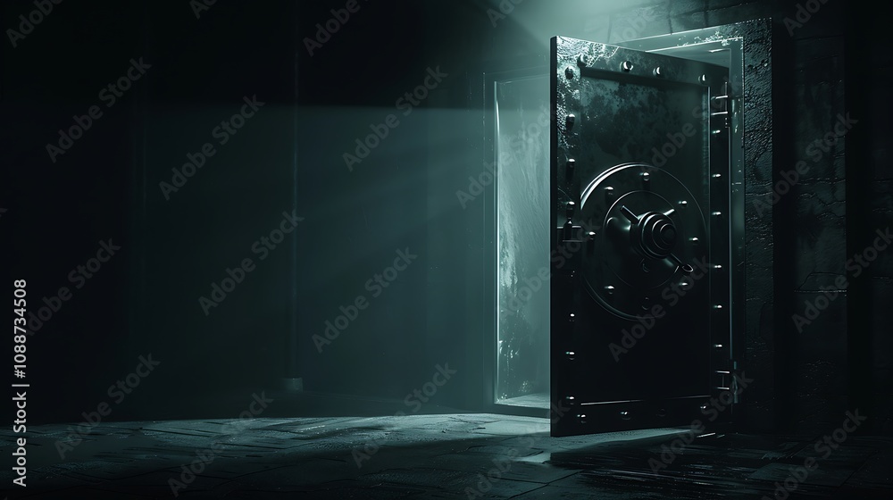 A dimly lit scene featuring an open vault door, casting shadows and rays of light, evoking mystery and intrigue. A dimly lit scene featuring an open vault door, casting shadows and rays of light, evoking mystery and intrigue.