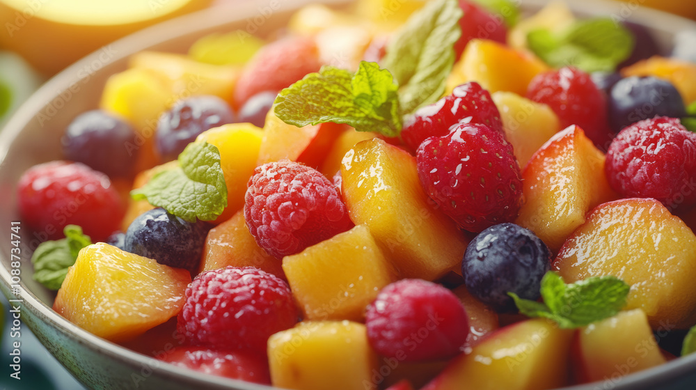 Fresh fruit salad featuring vibrant raspberries, blueberries, and peaches, garnished with mint leaves, creating colorful and refreshing dish perfect for summer Fresh fruit salad featuring vibrant raspberries, blueberries, and peaches, garnished with mint leaves, creating colorful and refreshing dish perfect for summer