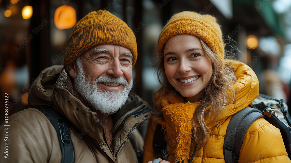 Couple smiles together while enjoying a winter day at a cozy outdoor market in a snowy city setting. Generative AI Couple smiles together while enjoying a winter day at a cozy outdoor market in a snowy city setting. Generative AI