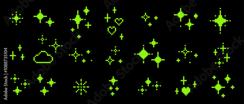 Y2k star sparkle green elements. Glitter pixel art. Heart. Mood of 90's aesthetics. 8-bit retro style editable vector illustration. Simple geometric shape for collage, glamour design. Game abstract