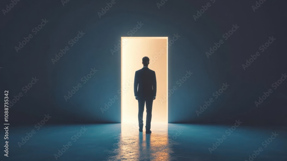 Obraz premium Back view of businessman standing in abstract key opening in wall with bright light and mock up place. Solution and decision concept
