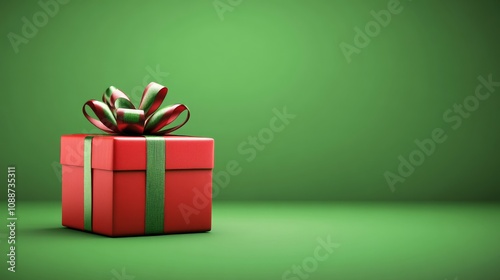 A red box with a green ribbon on top of a green background