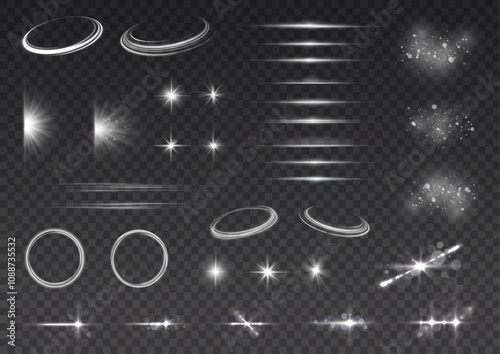 Light effect set. Glow isolated white transparent light effect set, lens flare, explosion, glitter, dust, line, sun flash, spark and stars, spotlight, curve twirl. Sunlight, abstract special effect.