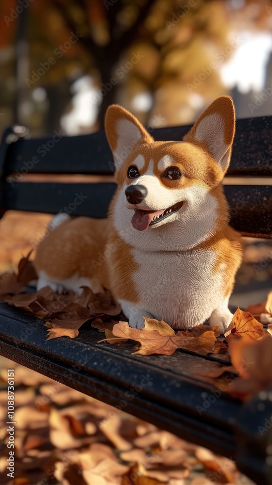 A corgi relaxing on a bench surrounded by autumn leaves.