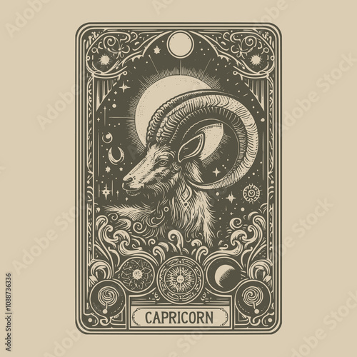 capricorn zodiak tarot tattoo in retro style