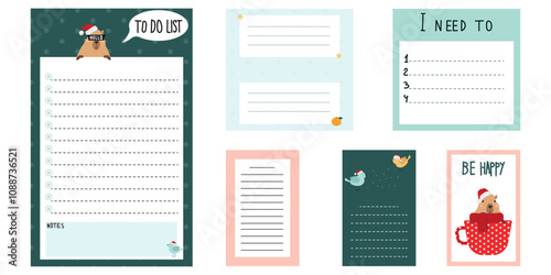 Happy New Year  . Set of cards and stickers with cute capybara. For notes for every day.