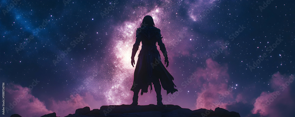 Silhouette of a Figure Standing on a Cliff with a Starry Night Sky and Pink Clouds in the Background Silhouette of a Figure Standing on a Cliff with a Starry Night Sky and Pink Clouds in the Background