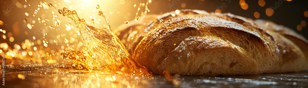 Golden Liquid Splashing Over Freshly Baked Bread with Bokeh Background