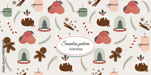 Beautiful, festive seamless pattern with tangerines, Christmas tree branches and Christmas sweets. Vector design for fabric, wallpaper, wrapping paper and more.