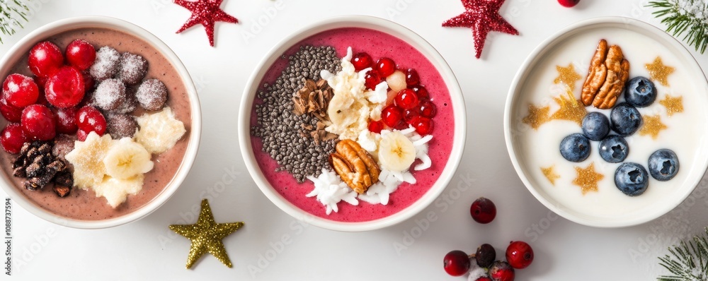 Festive Smoothie Bowls: Colorful Toppings in Snowflakes and Stars Arrangement Festive Smoothie Bowls: Colorful Toppings in Snowflakes and Stars Arrangement