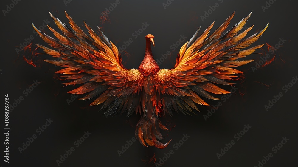 Obraz premium A 3D rendering of a fiery phoenix with its wings spread.