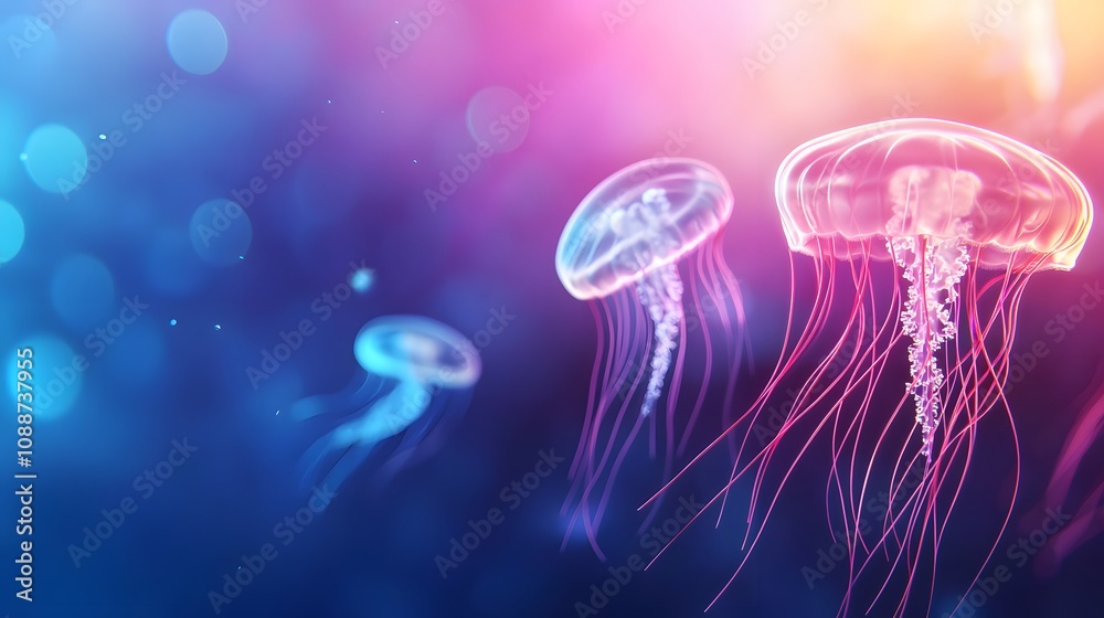 Naklejka premium Enchanting Jellyfish in Vibrant Underwater Glow