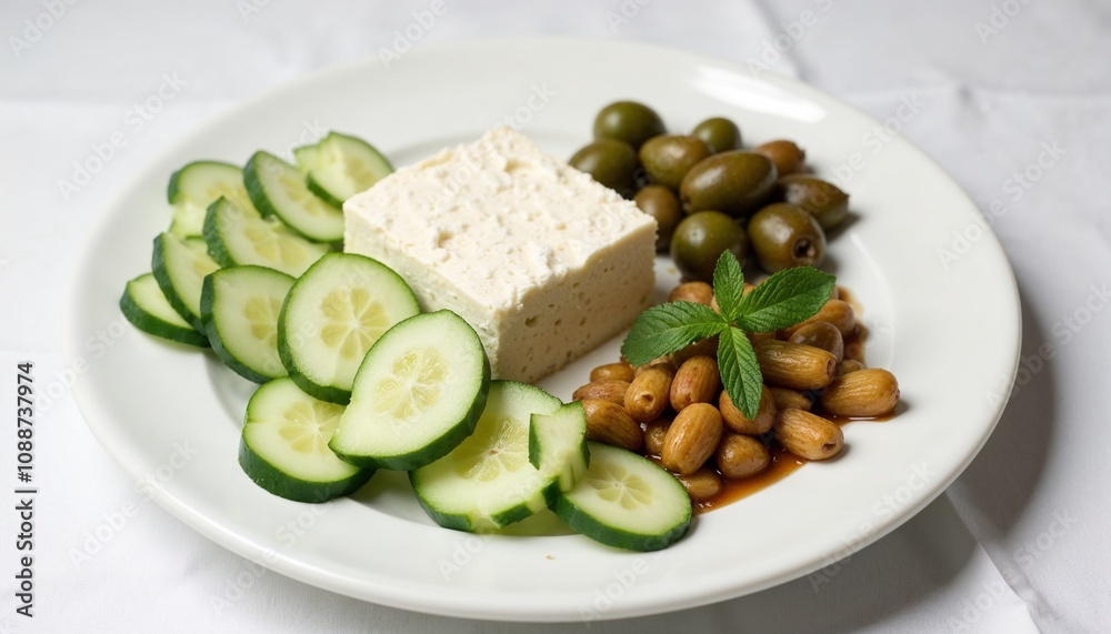 Meze platter with feta, cucumber, olives, and roasted nuts