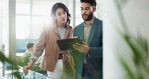 Tablet, discussion and business people in office with research for break in finance stock market. Meeting, digital technology and financial advisors with online revenue, profit or equity report.