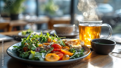 Healthy breakfast salad, toast, tea.