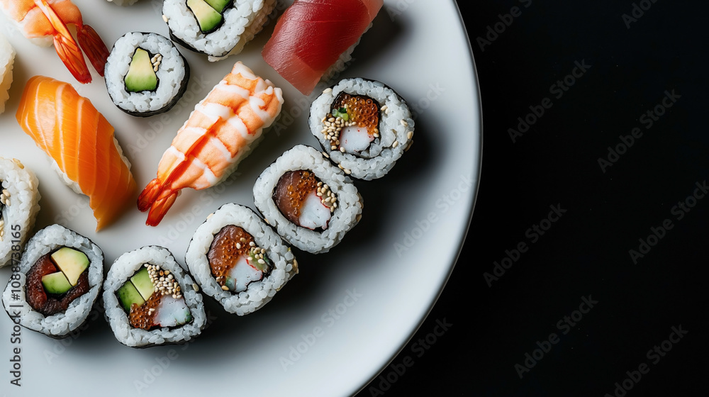 Assorted sushi rolls and nigiri pieces with fish and seafood on a white plate against a dark background Assorted sushi rolls and nigiri pieces with fish and seafood on a white plate against a dark background