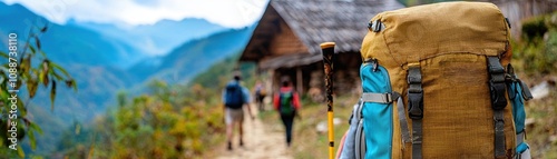 Travelers in local traditions concept. Scenic hiking trail with travelers learning folklore from a local guide, dramatic landscapes and storytelling, cultural connection, nature and myth