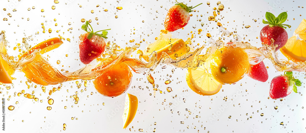 summer fruits refreshing splash banner concept, on white background summer fruits refreshing splash banner concept, on white background