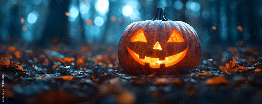 A Jack-o'-lantern with a lit candle inside sits in a forest of fall leaves with a blue bokeh background, a spooky Halloween image. A Jack-o'-lantern with a lit candle inside sits in a forest of fall leaves with a blue bokeh background, a spooky Halloween image.