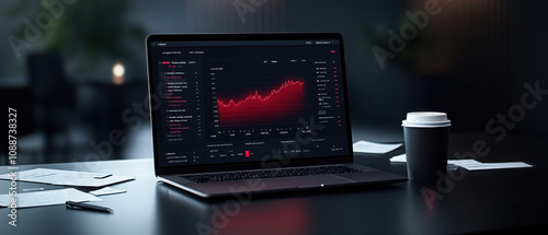 Investing mistake fail business and volatility Concept, A sleek laptop displaying a trading graph, accompanied by a coffee cup and scattered papers, set in a modern workspace.
