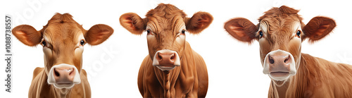 Close up of three cows with big gentle eyes, with unique expressions, isolated on transparent background.