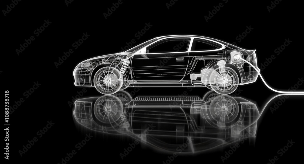 Naklejka premium 3d rendering electric car battery with pack of battery cells module on platform, black background