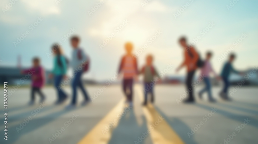 Blurred image of a runway with silhouettes of children playing Blurred image of a runway with silhouettes of children playing