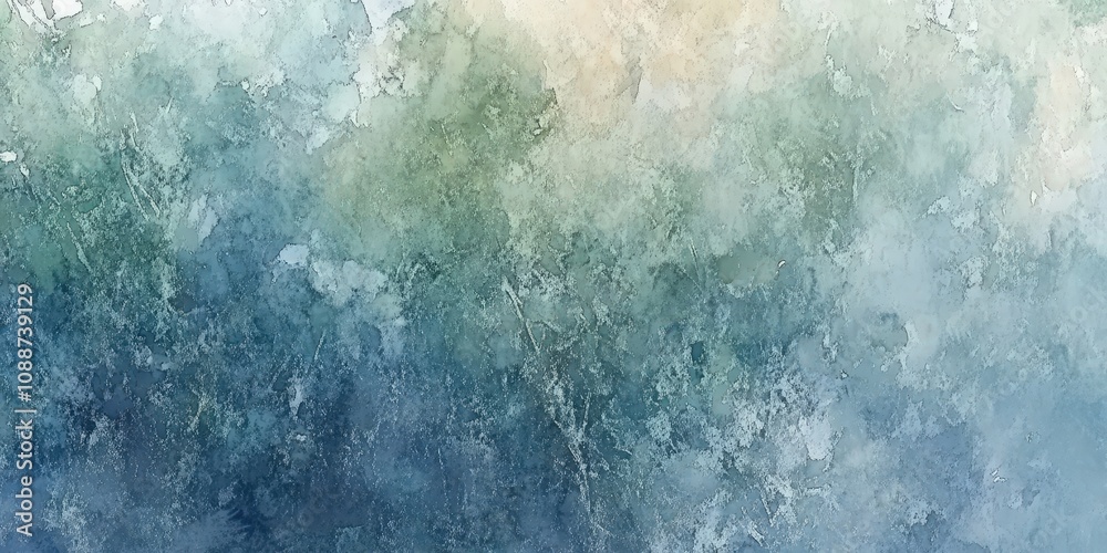 Obraz premium Abstract watercolor painting with soft blue, green, and beige shades blending seamlessly, creating a serene and calming background for creative projects or designs.