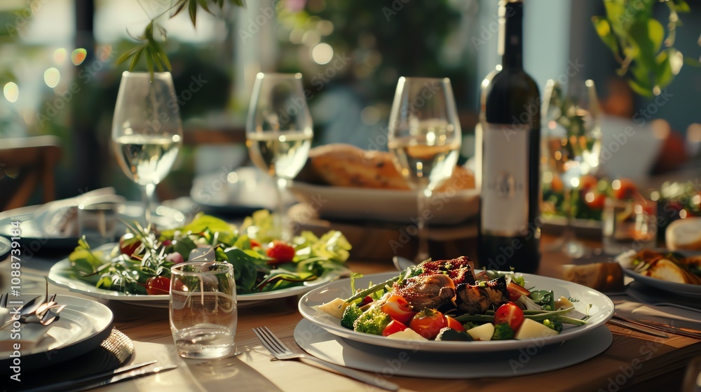 A table setting with grilled food, salad, and wine. A table setting with grilled food, salad, and wine.