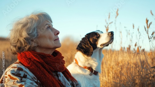 Senior pet owner, elderly woman with a loyal dog on a country trail, companionship and nature.