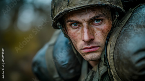 Close-up Portrait of a Soldier Wearing a Military Helmet and Camouflage Uniform, with a Serious Expression and a Dirty Face