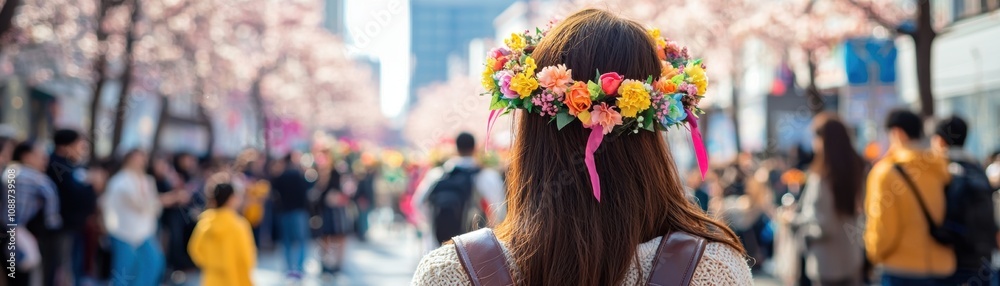 Naklejka premium Seasonal flower festival parade, travelers dressed in floral crowns, streets filled with blossoms, immersing in vibrant culture, celebratory traditions