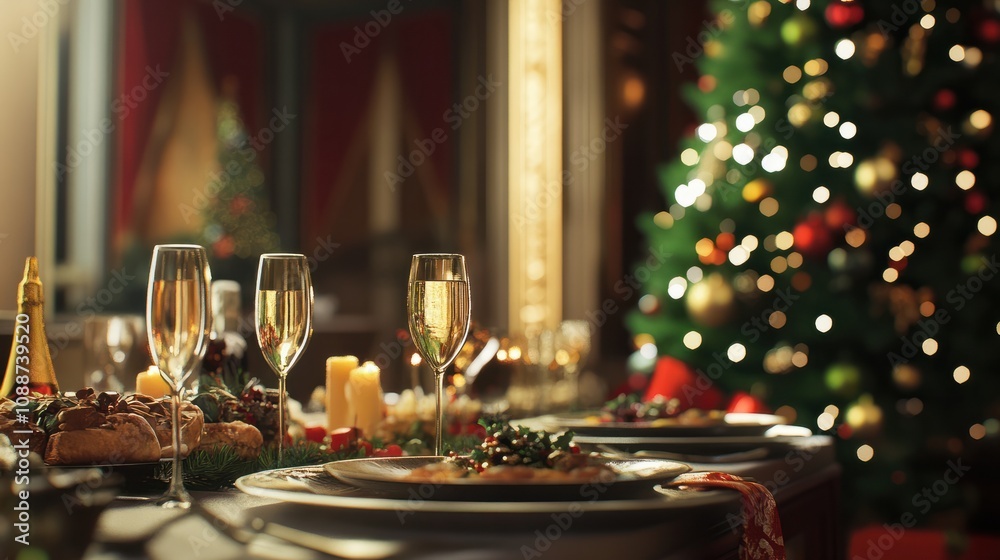 Christmas dinner feast. A decorated dining table with champagne glasses and christmas tree in background Christmas dinner feast. A decorated dining table with champagne glasses and christmas tree in background