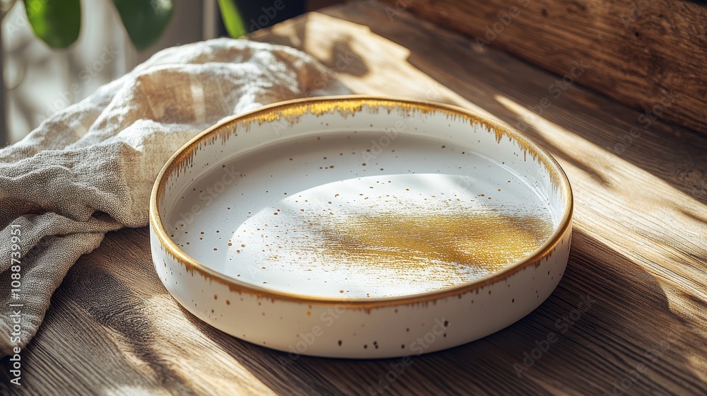 A beautifully crafted ceramic plate with a gold trim, placed on a wooden surface, showcasing a subtle, artistic design.