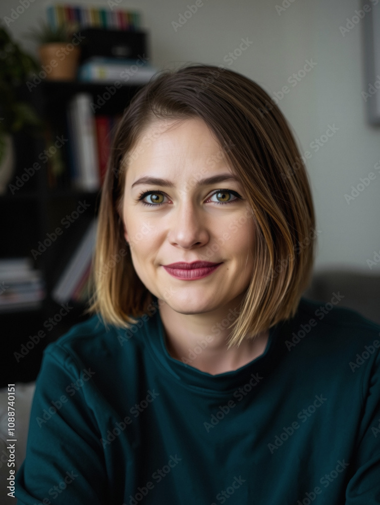 stylish lady in her 30s, sporty sweater, social media coordinator, interesting dyed hair, blurry background stylish lady in her 30s, sporty sweater, social media coordinator, interesting dyed hair, blurry background