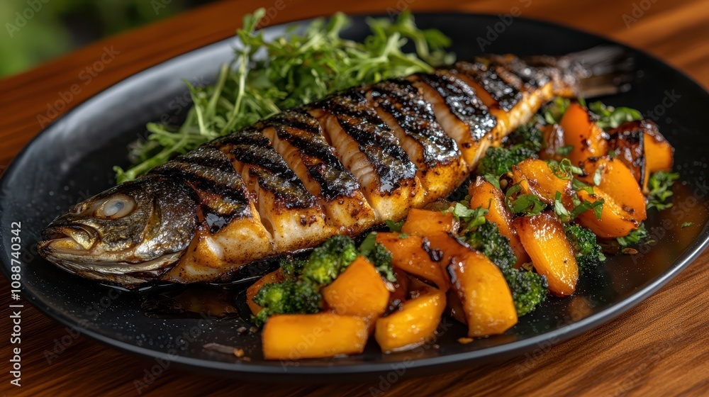 A beautifully plated grilled fish served with vibrant vegetables and garnished with fresh greens on a dark plate. A beautifully plated grilled fish served with vibrant vegetables and garnished with fresh greens on a dark plate.
