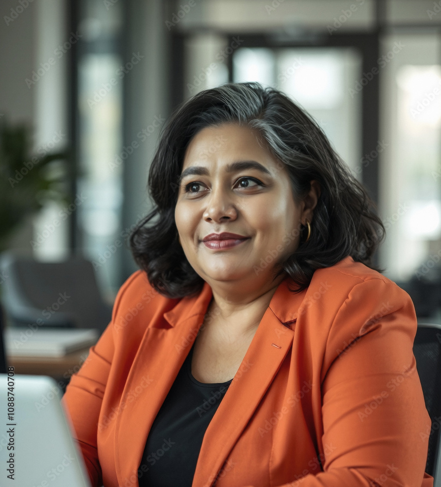 overweight beautiful woman in her 50s or 60s, office manager, bold blazer, blurry background, laptop overweight beautiful woman in her 50s or 60s, office manager, bold blazer, blurry background, laptop