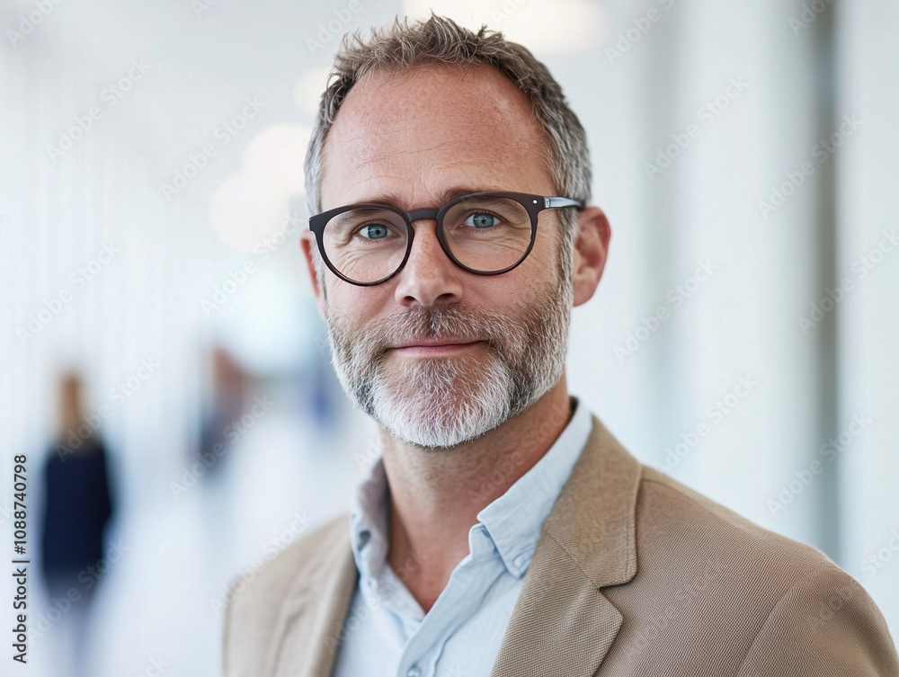 A middle-aged man with a salt-and-pepper beard, wearing glasses and a casual blazer, standing confidently, high-quality, clear-focus. A middle-aged man with a salt-and-pepper beard, wearing glasses and a casual blazer, standing confidently, high-quality, clear-focus.