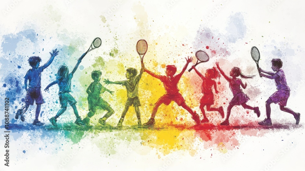 Colorful illustration of children playing tennis, showcasing joy and movement. Colorful illustration of children playing tennis, showcasing joy and movement.